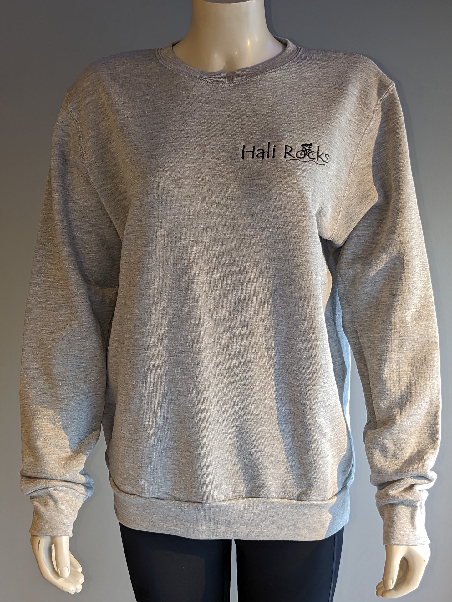 Hali Rocks Three End Bamboo Fleece Crew Neck Sweatshirt Colour= light grey Embroidery= black