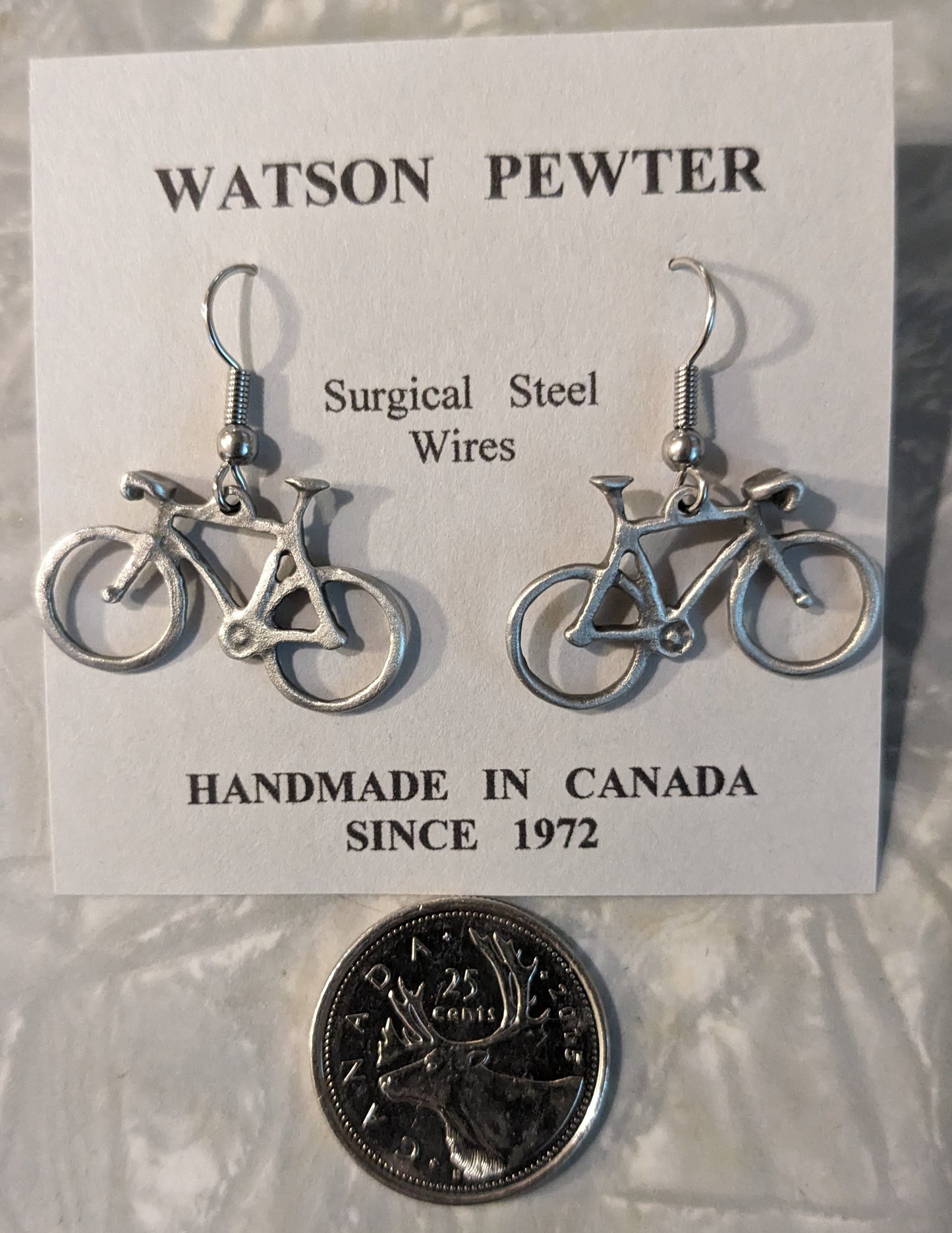 Earrings pewter bicycle with surgical steel hooks -drop/dangle style