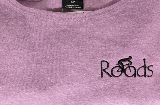 Rocks Hemp 3/4 sleeve Fluid Top- Women, colour= lilac with black thread embroidery spelling 'roads' with cyclist 