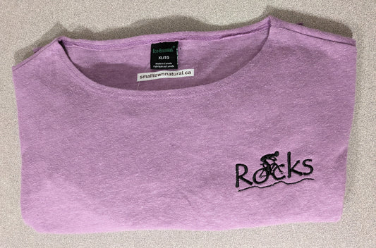Rocks Hemp 3/4 sleeve Fluid Top- Women, colour= lilac with black thread embroidery spelling 'rocks' with cyclist climbing