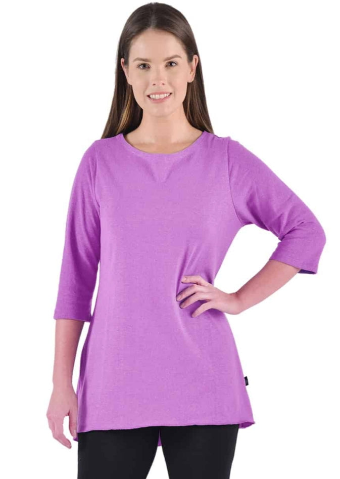 Hemp 3/4 sleeve Fluid Top - Women: This is medium weight fabric (recommended for Spring or Fall or Winter) 55% Hemp 45% Organic Cotton; Long line top,Colour= Lilac