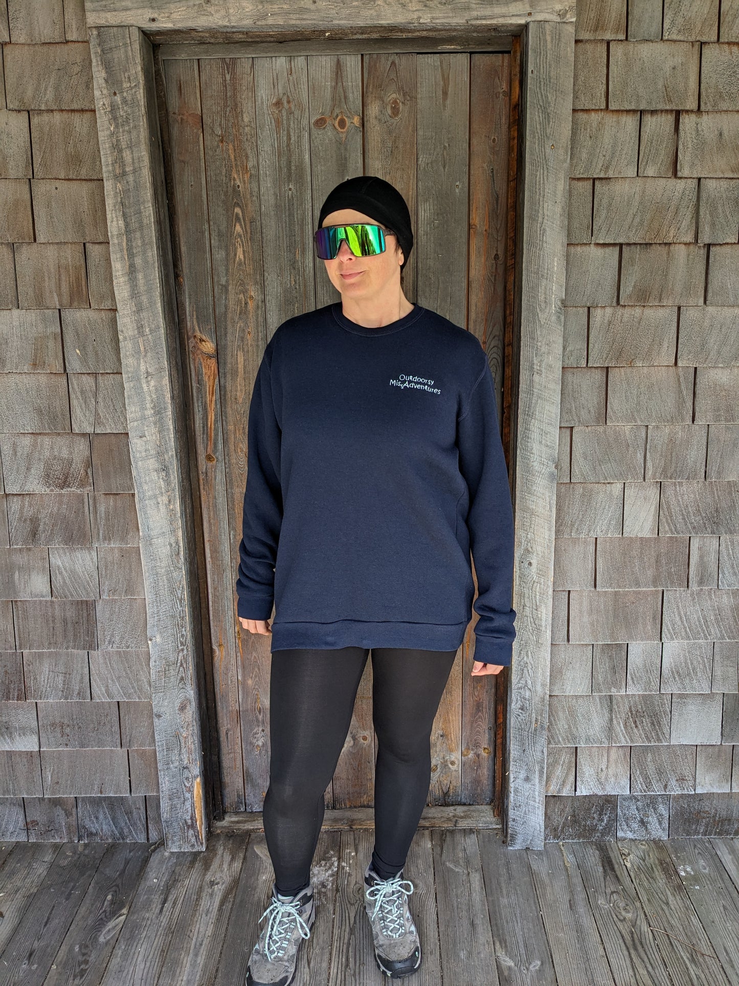 Outdoorsy Miss Adventures Three End Bamboo Fleece Crew Neck Sweatshirt colour= navy