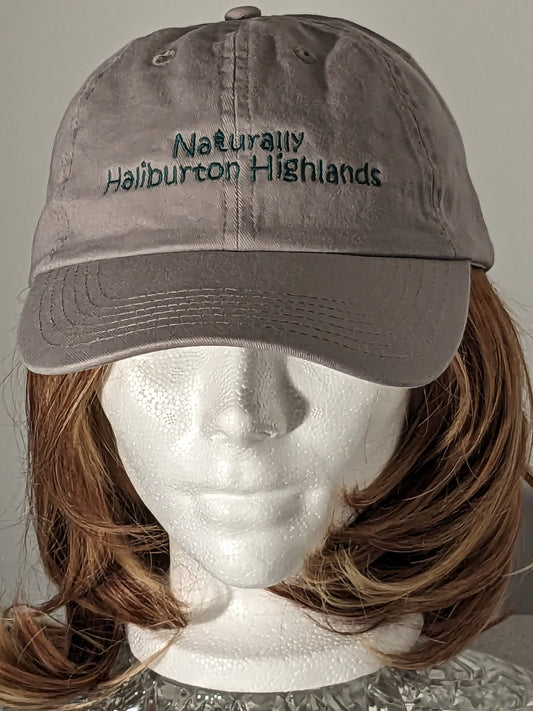 Naturally Haliburton Highlands Embroidered Hat 100% Cotton colour = medium grey Embroidery = forest green this hat has a regular curved peak