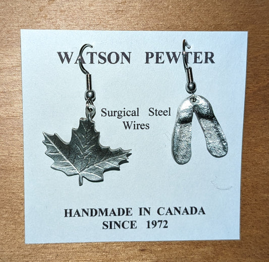 Earrings Pewter Maple Leaf & Key 1 inch long dangle / drop earrings