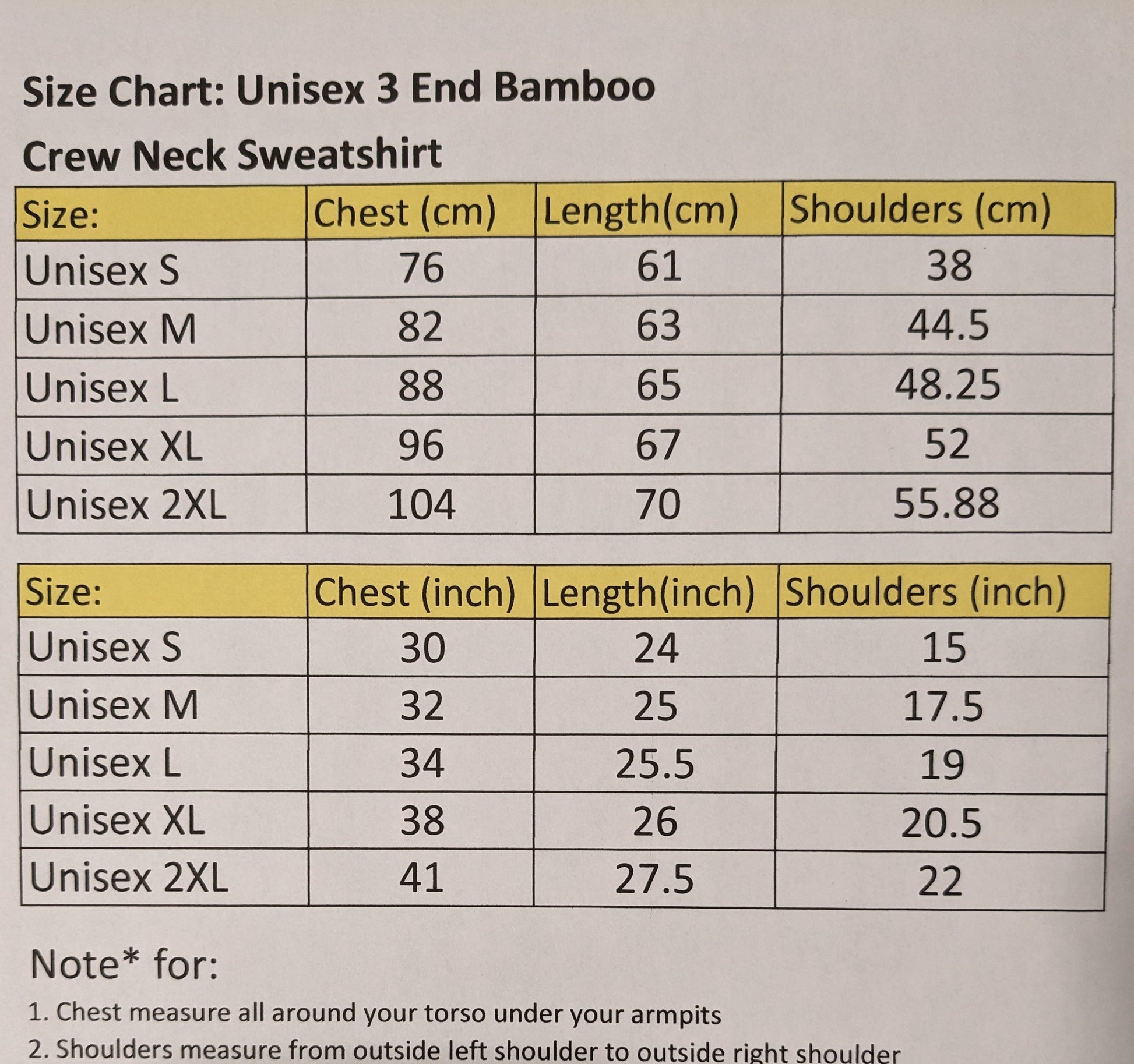 unisex slim fit 3 End Bamboo Sweatshirt sizing chart
