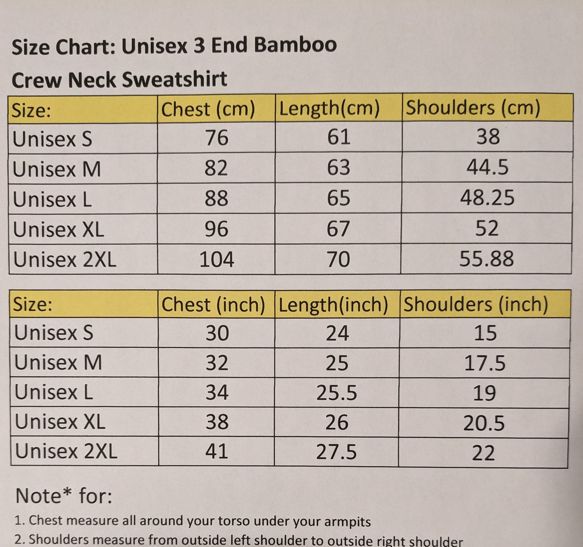 unisex slim fit 3 End Bamboo Sweatshirt sizing chart