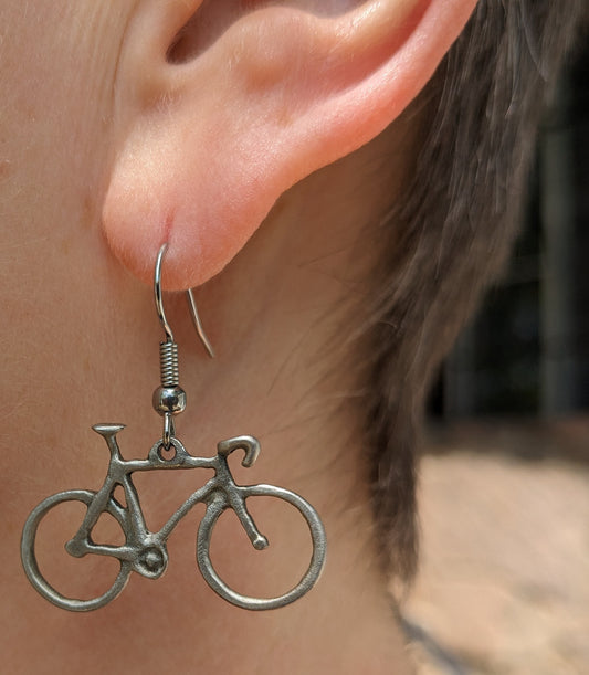 Earrings pewter bicycle with surgical steel hooks -drop/dangle style